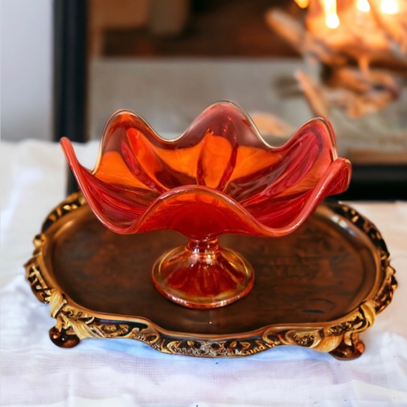 Viking Glass Epic Six Petal Persimmon Compote Bowl - Picture 7 of 13